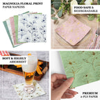 50 - Pack Paper Cocktail Napkins with Gold Magnolia Flowers Print Sage Green - Highly 2 Ply Absorbent Soft Napkins for Beverages - Bell Racket Store
