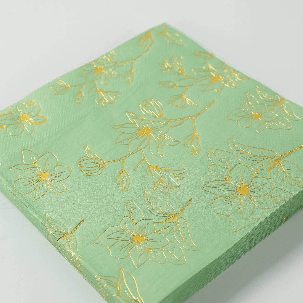 50 - Pack Paper Cocktail Napkins with Gold Magnolia Flowers Print Sage Green - Highly 2 Ply Absorbent Soft Napkins for Beverages - Bell Racket Store