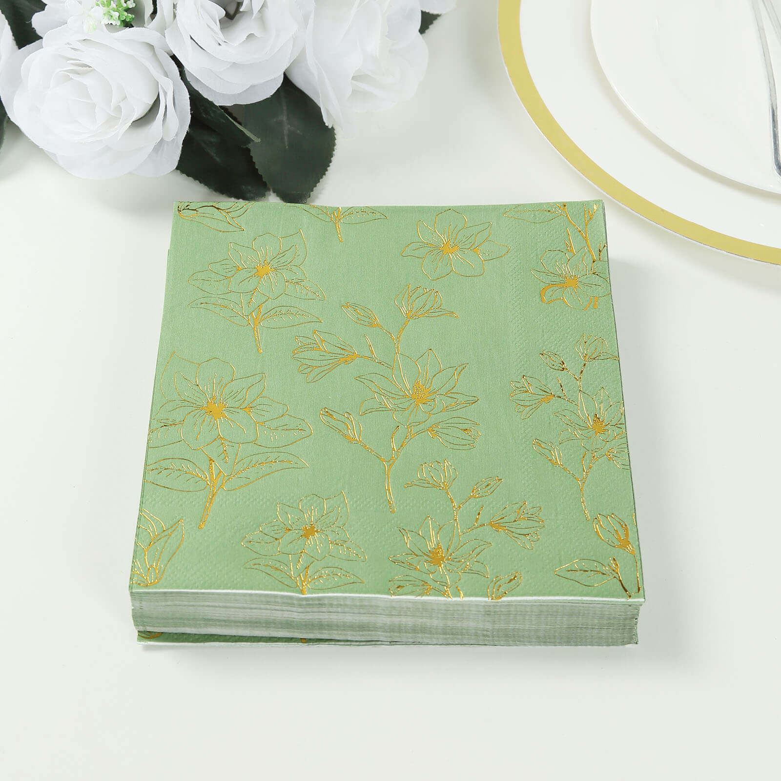 50 - Pack Paper Cocktail Napkins with Gold Magnolia Flowers Print Sage Green - Highly 2 Ply Absorbent Soft Napkins for Beverages - Bell Racket Store