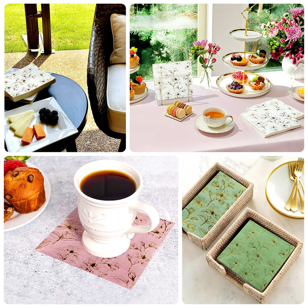 50 - Pack Paper Cocktail Napkins with Gold Magnolia Flowers Print Sage Green - Highly 2 Ply Absorbent Soft Napkins for Beverages - Bell Racket Store