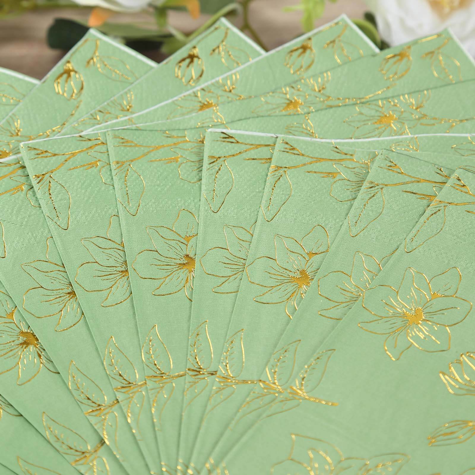 50 - Pack Paper Cocktail Napkins with Gold Magnolia Flowers Print Sage Green - Highly 2 Ply Absorbent Soft Napkins for Beverages - Bell Racket Store