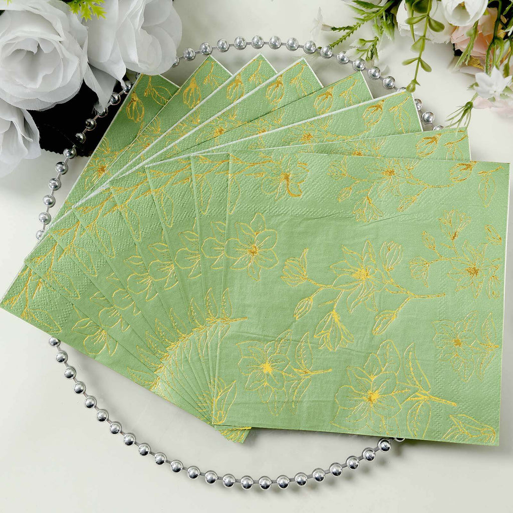 50 - Pack Paper Cocktail Napkins with Gold Magnolia Flowers Print Sage Green - Highly 2 Ply Absorbent Soft Napkins for Beverages - Bell Racket Store