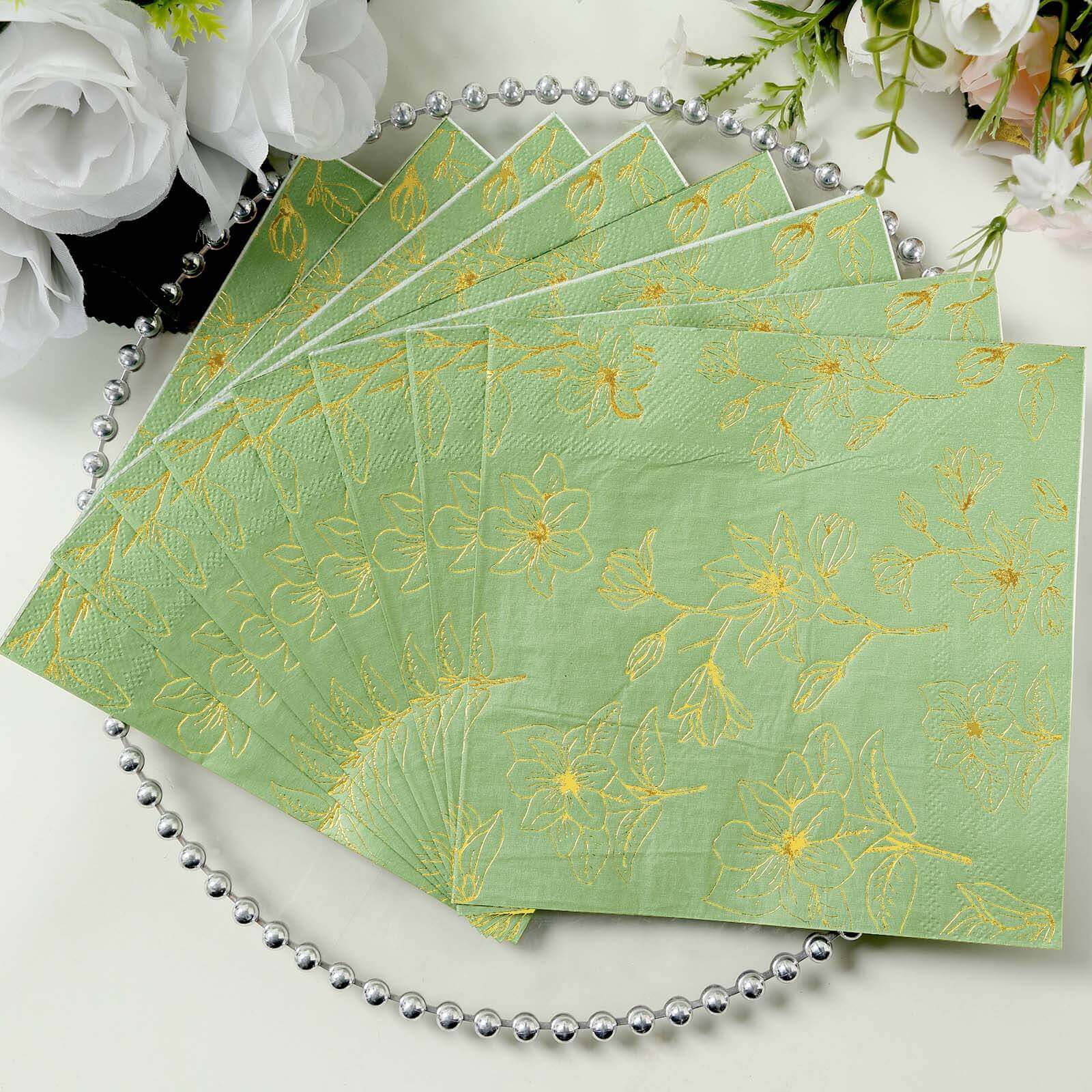 50 - Pack Paper Cocktail Napkins with Gold Magnolia Flowers Print Sage Green - Highly 2 Ply Absorbent Soft Napkins for Beverages - Bell Racket Store