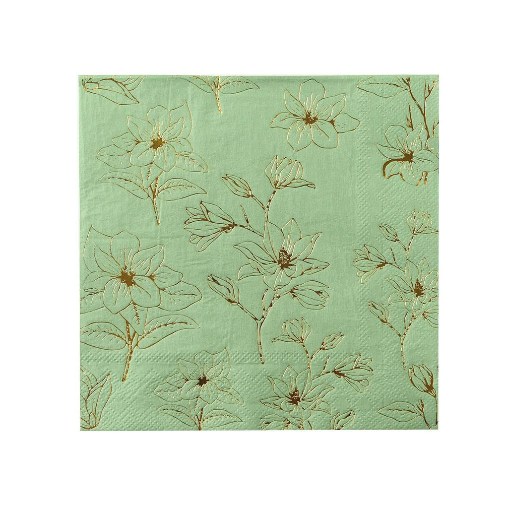 50 - Pack Paper Cocktail Napkins with Gold Magnolia Flowers Print Sage Green - Highly 2 Ply Absorbent Soft Napkins for Beverages - Bell Racket Store