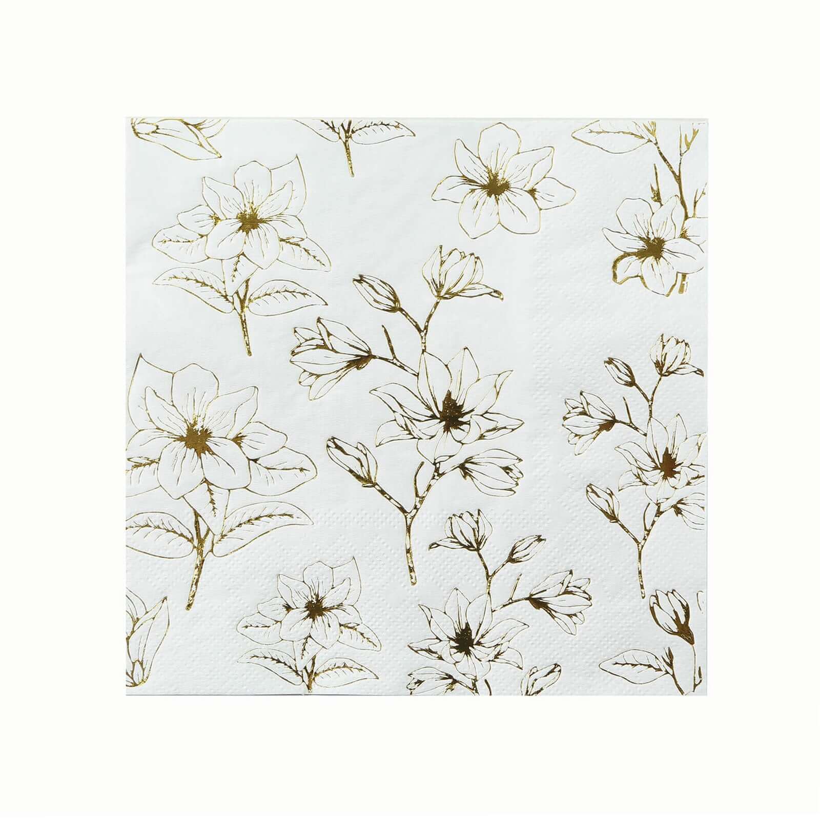 50 - Pack Paper Cocktail Napkins with Gold Magnolia Flowers Print White - Highly 2 Ply Absorbent Soft Napkins for Beverages - Bell Racket Store