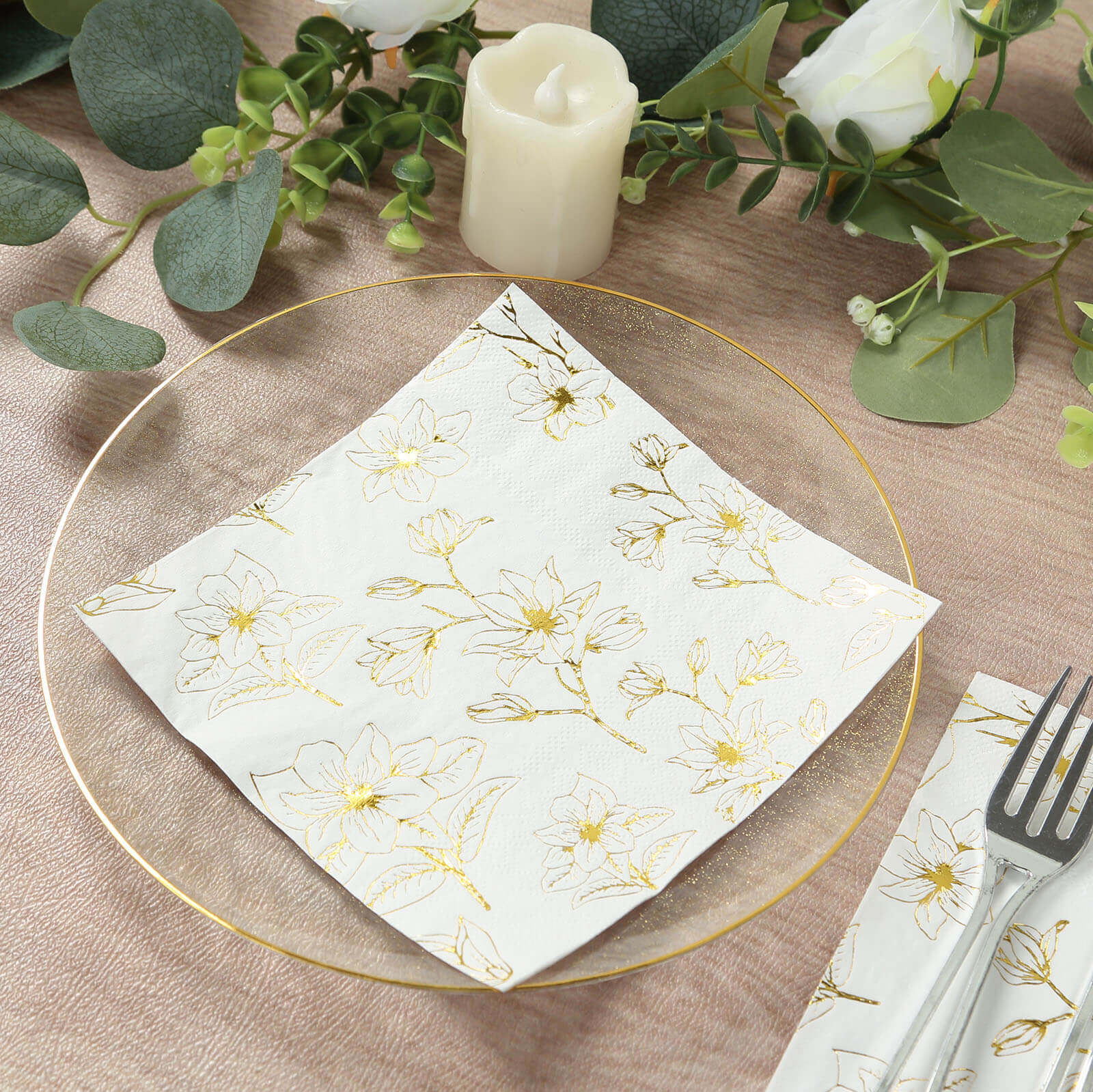 50 - Pack Paper Cocktail Napkins with Gold Magnolia Flowers Print White - Highly 2 Ply Absorbent Soft Napkins for Beverages - Bell Racket Store