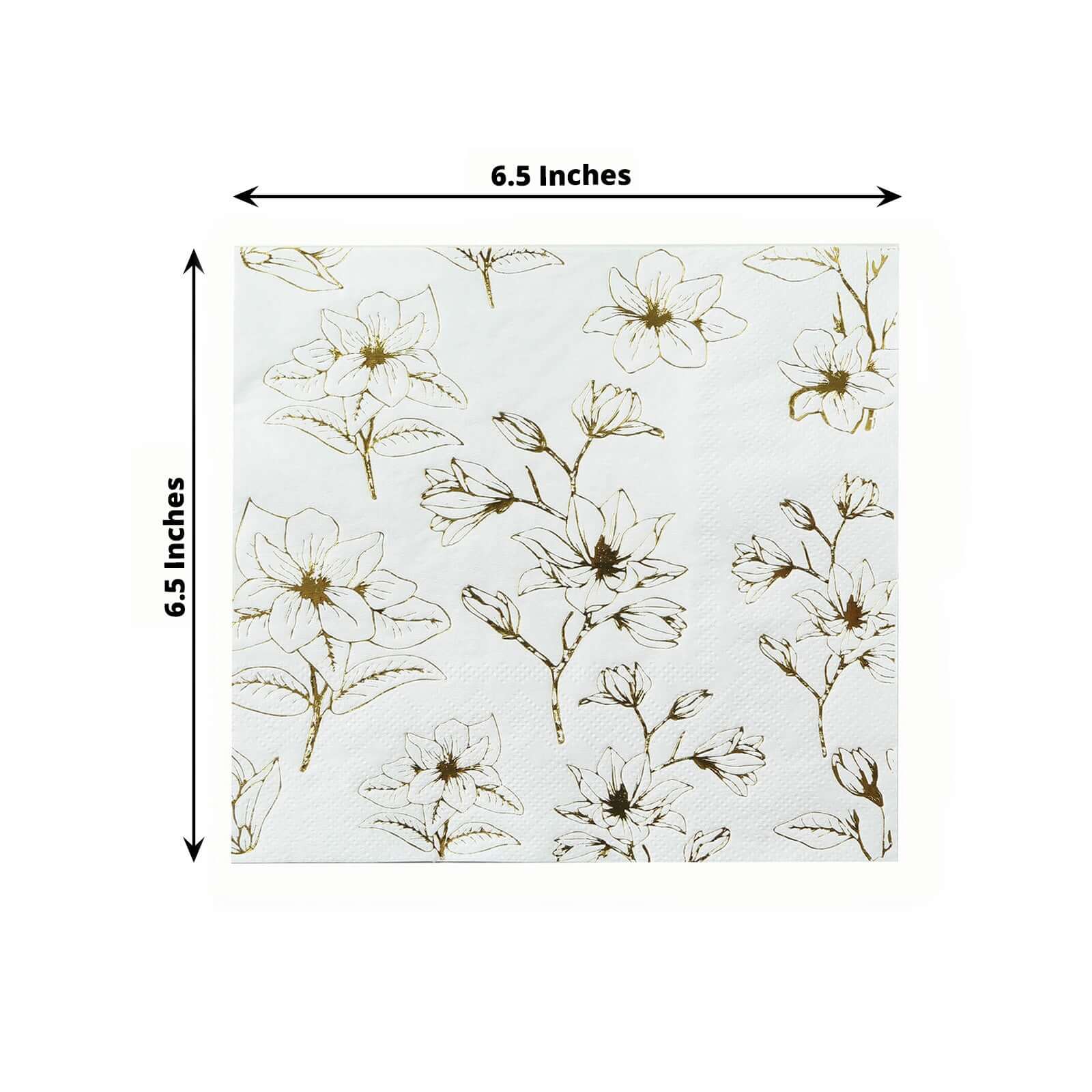 50 - Pack Paper Cocktail Napkins with Gold Magnolia Flowers Print White - Highly 2 Ply Absorbent Soft Napkins for Beverages - Bell Racket Store