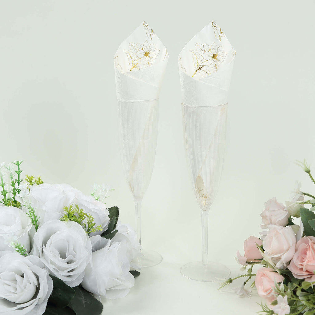 50 - Pack Paper Cocktail Napkins with Gold Magnolia Flowers Print White - Highly 2 Ply Absorbent Soft Napkins for Beverages - Bell Racket Store