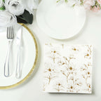 50 - Pack Paper Cocktail Napkins with Gold Magnolia Flowers Print White - Highly 2 Ply Absorbent Soft Napkins for Beverages - Bell Racket Store