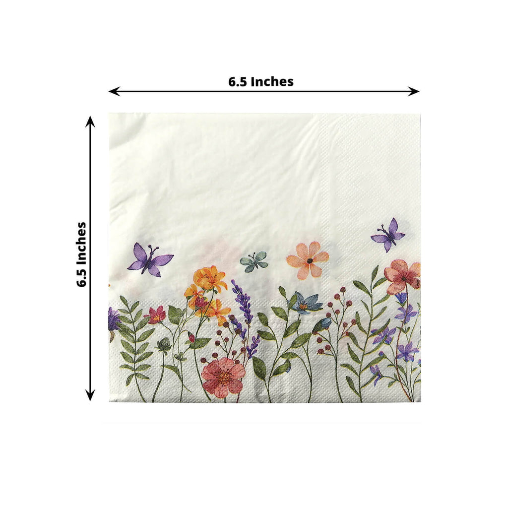 50 - Pack Paper Cocktail Napkins with Wildflower Butterfly Design - Disposable 2 Ply Beverage Napkins for Parties 6.5"x6.5" - Bell Racket Store