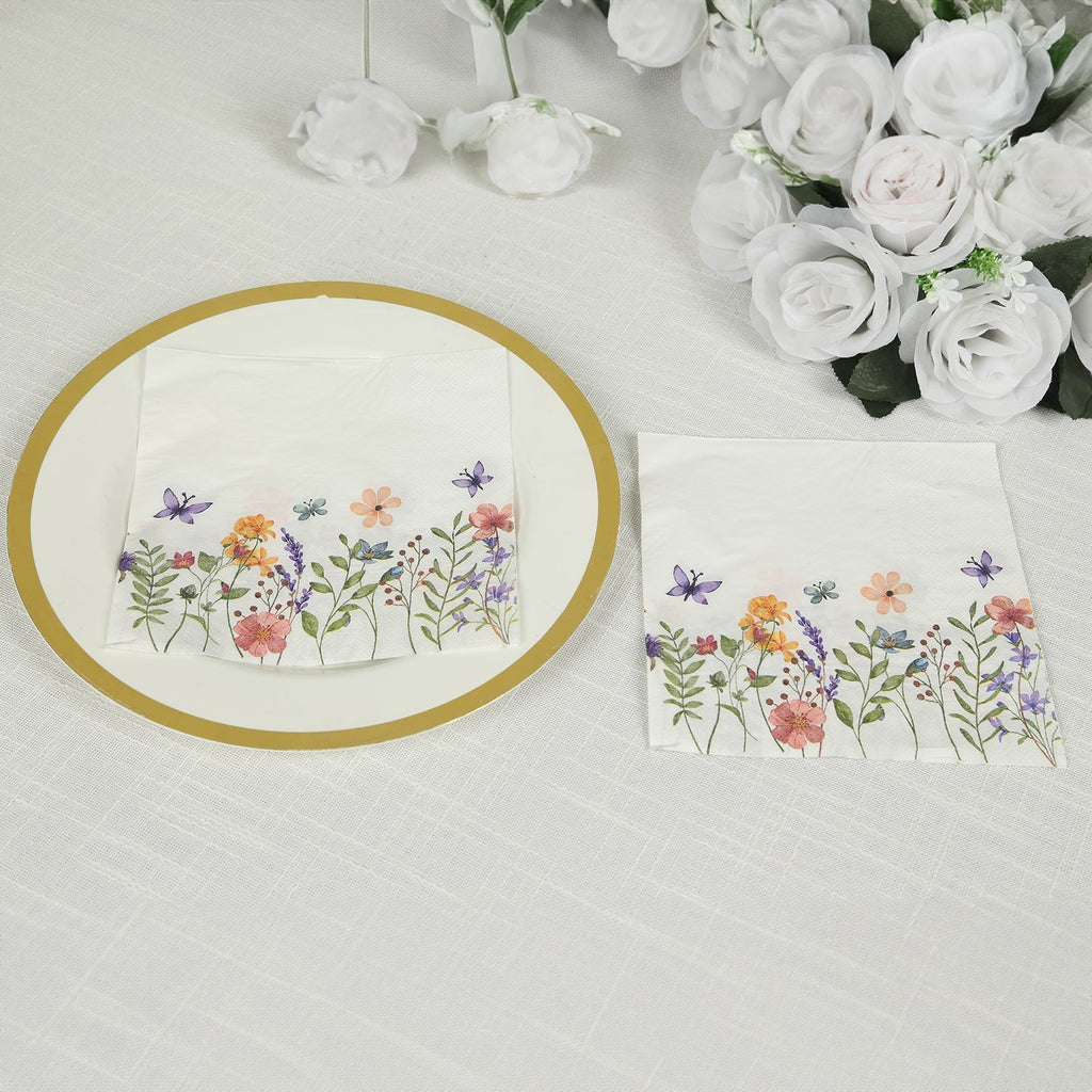50 - Pack Paper Cocktail Napkins with Wildflower Butterfly Design - Disposable 2 Ply Beverage Napkins for Parties 6.5"x6.5" - Bell Racket Store