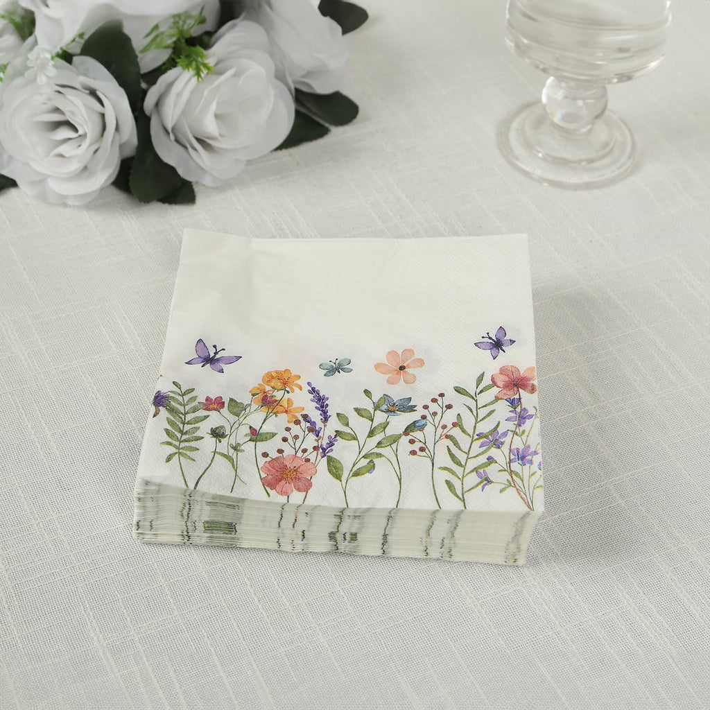 50 - Pack Paper Cocktail Napkins with Wildflower Butterfly Design - Disposable 2 Ply Beverage Napkins for Parties 6.5"x6.5" - Bell Racket Store