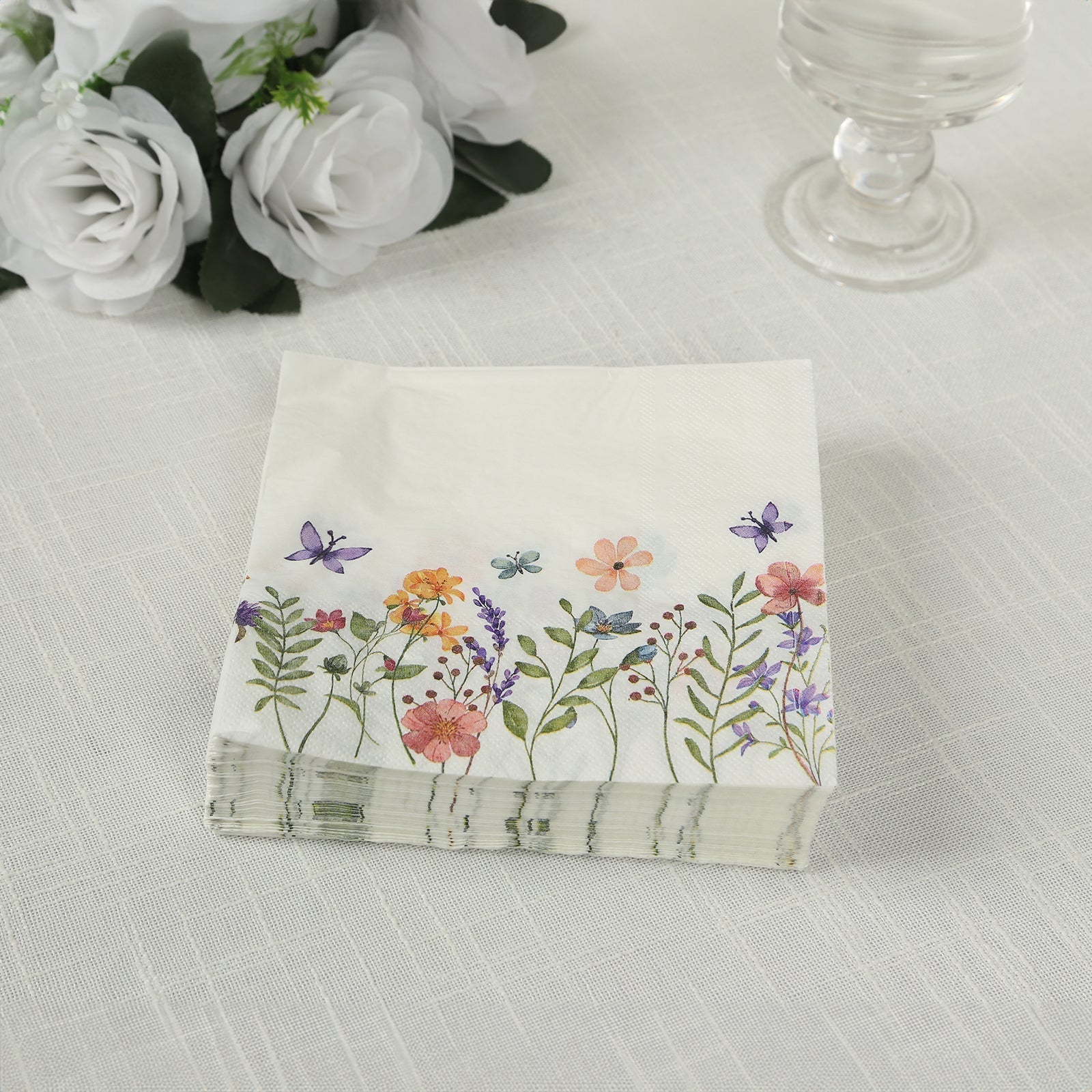 50 - Pack Paper Cocktail Napkins with Wildflower Butterfly Design - Disposable 2 Ply Beverage Napkins for Parties 6.5"x6.5" - Bell Racket Store