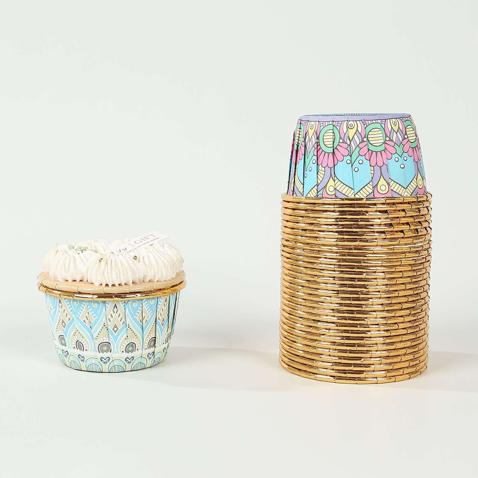 50 - Pack Paper Cupcake Liners with Assorted Vintage Boho Design - Decorative Heat & Grease Resistant Dessert Baking Muffin Cake Cups 3oz - Bell Racket Store