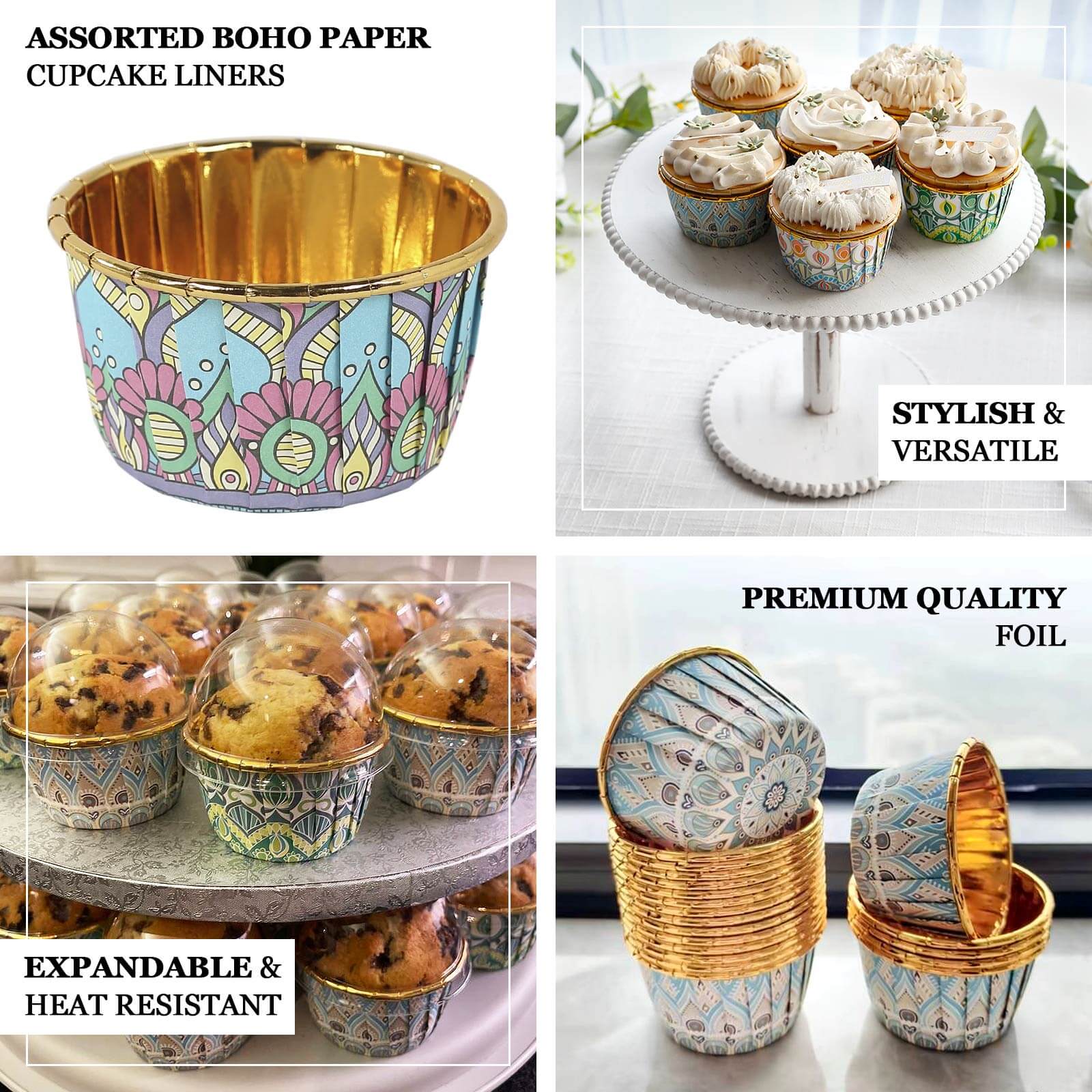 50 - Pack Paper Cupcake Liners with Assorted Vintage Boho Design - Decorative Heat & Grease Resistant Dessert Baking Muffin Cake Cups 3oz - Bell Racket Store