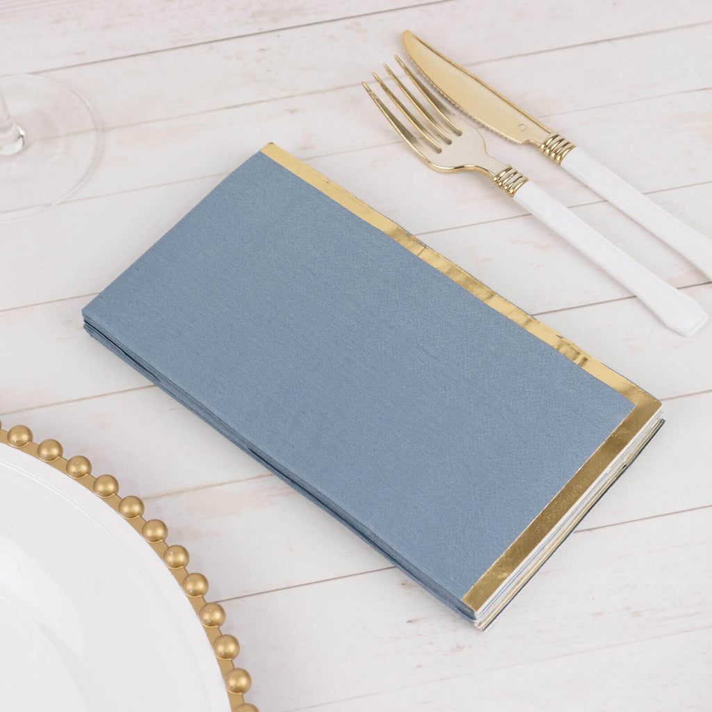 50 - Pack Paper Dinner Napkins Dusty Blue with Gold Foil Edge 2 Ply - Stylish Disposable Napkins - Bell Racket Store