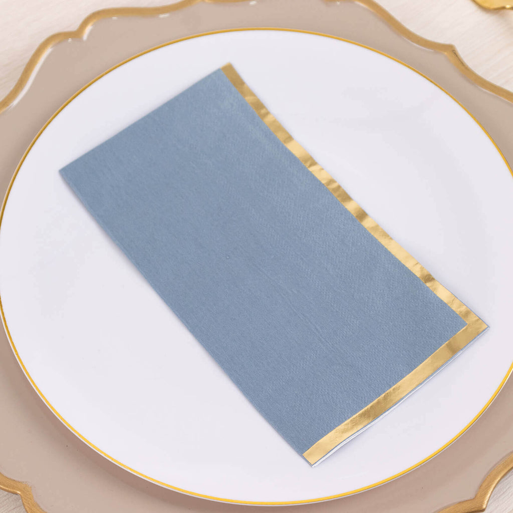 50 - Pack Paper Dinner Napkins Dusty Blue with Gold Foil Edge 2 Ply - Stylish Disposable Napkins - Bell Racket Store