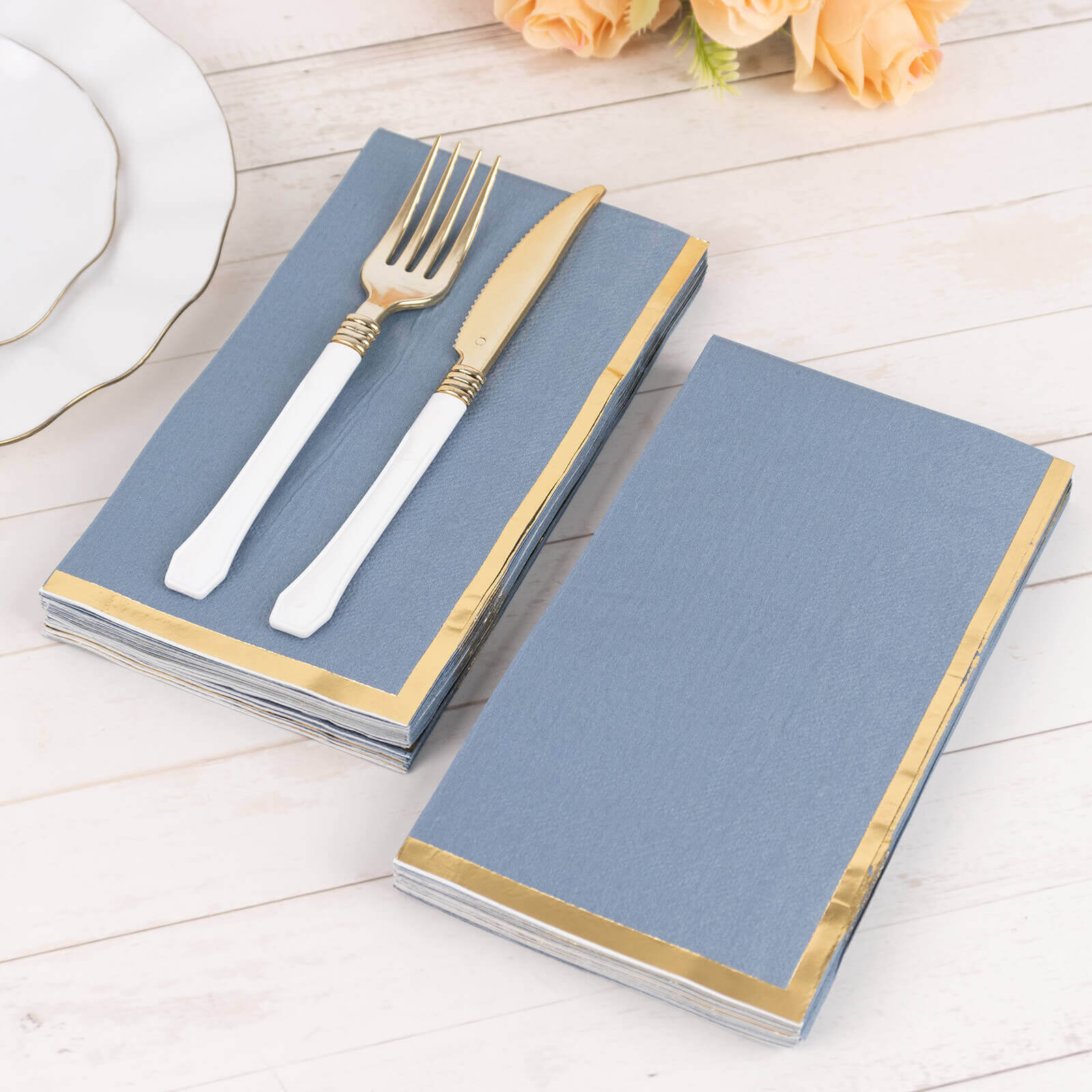 50 - Pack Paper Dinner Napkins Dusty Blue with Gold Foil Edge 2 Ply - Stylish Disposable Napkins - Bell Racket Store