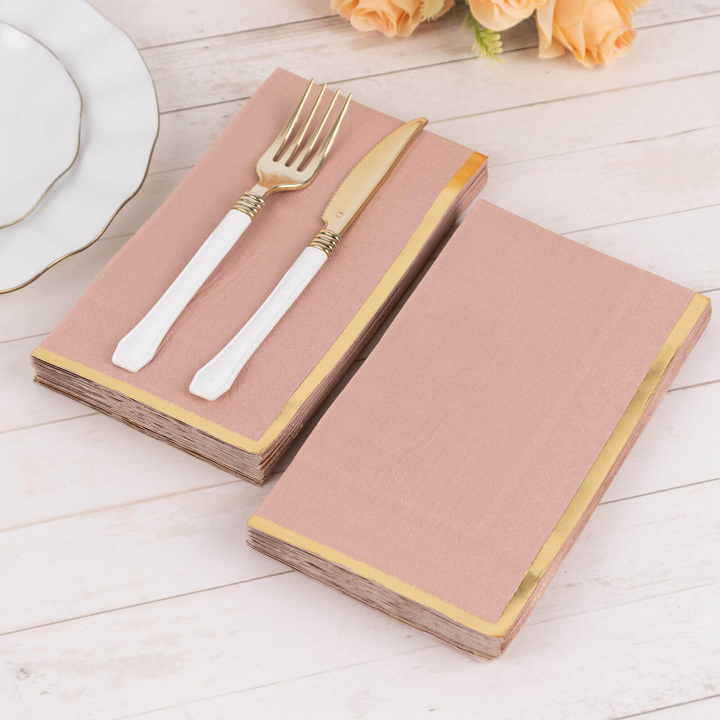 50 - Pack Paper Dinner Napkins Dusty Rose with Gold Foil Edge 2 Ply - Stylish Disposable Napkins - Bell Racket Store
