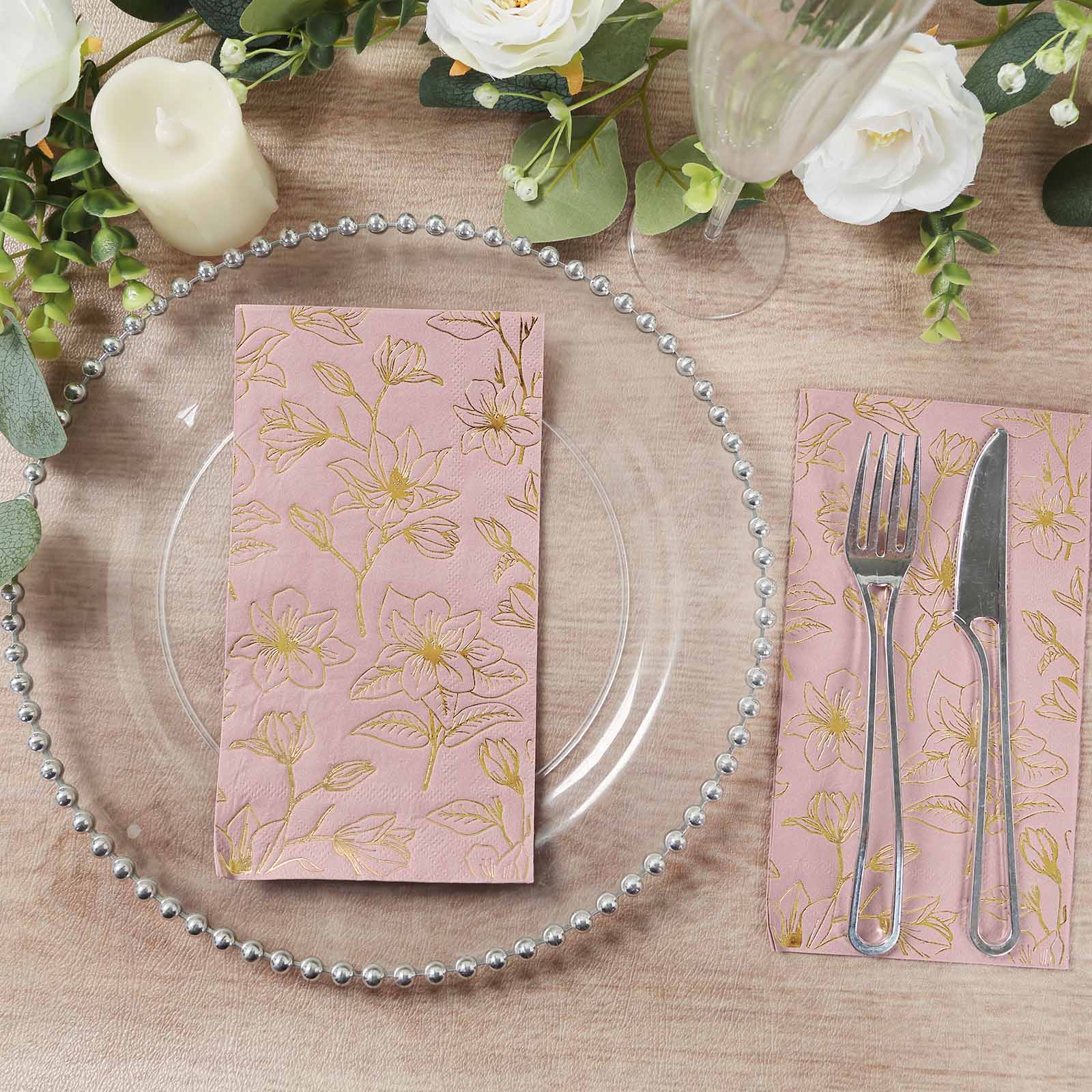 50 - Pack Paper Dinner Napkins Dusty Rose with Gold Magnolia Flowers Print 2 - Ply - Disposable Soft Napkins for Parties - Bell Racket Store