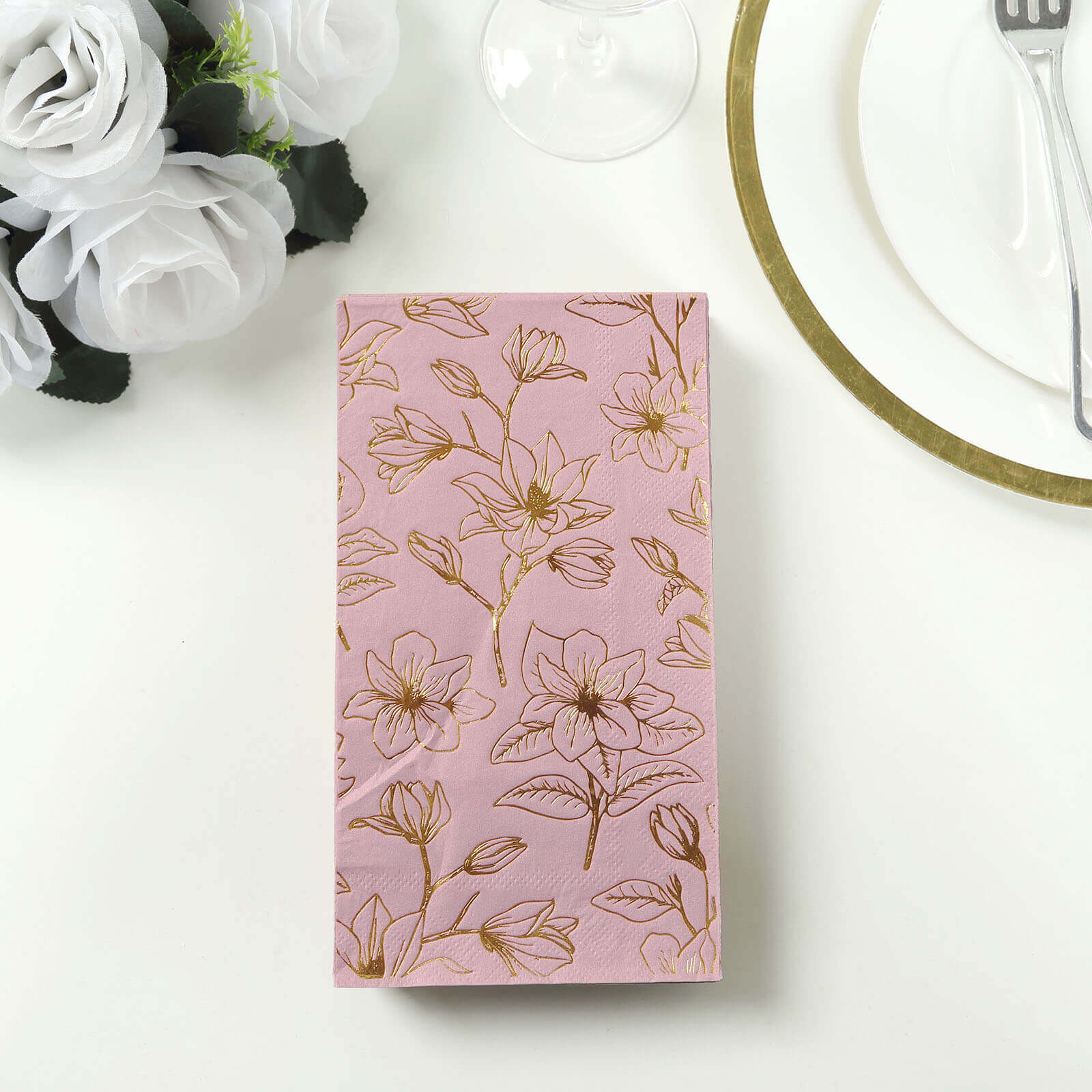 50 - Pack Paper Dinner Napkins Dusty Rose with Gold Magnolia Flowers Print 2 - Ply - Disposable Soft Napkins for Parties - Bell Racket Store