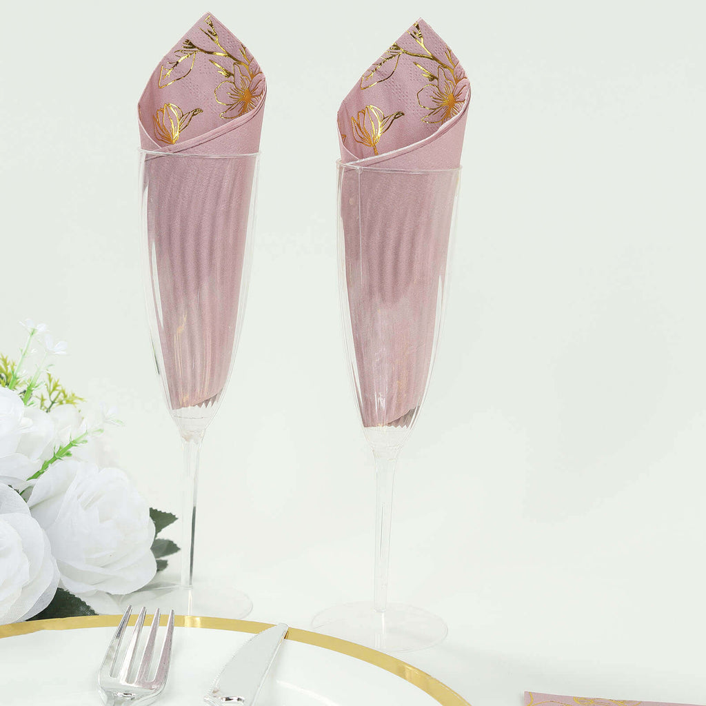 50 - Pack Paper Dinner Napkins Dusty Rose with Gold Magnolia Flowers Print 2 - Ply - Disposable Soft Napkins for Parties - Bell Racket Store