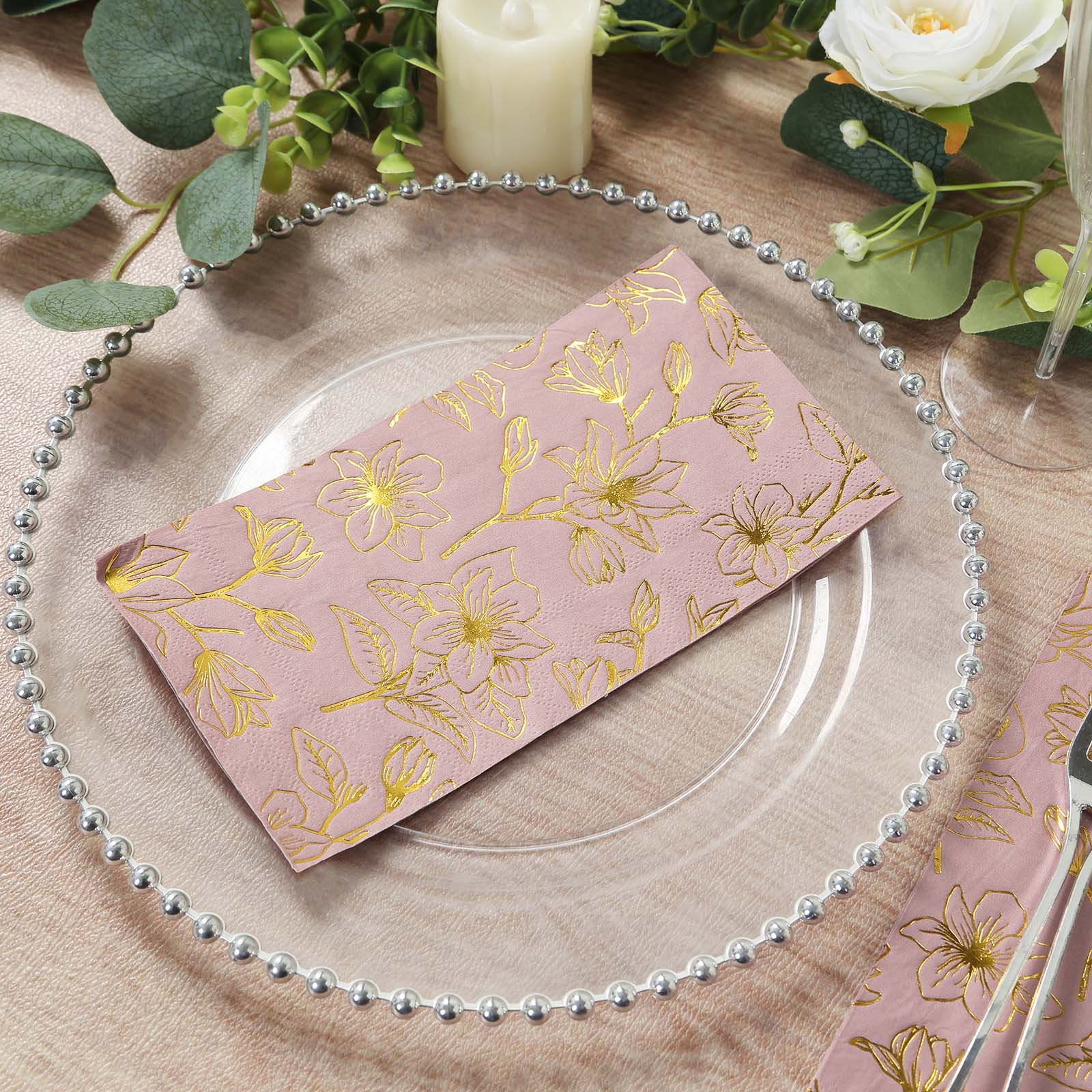 50 - Pack Paper Dinner Napkins Dusty Rose with Gold Magnolia Flowers Print 2 - Ply - Disposable Soft Napkins for Parties - Bell Racket Store