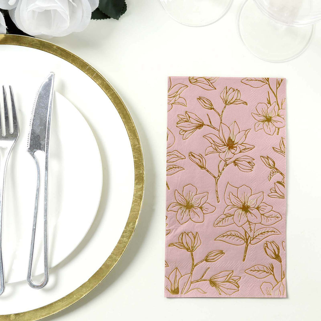 50 - Pack Paper Dinner Napkins Dusty Rose with Gold Magnolia Flowers Print 2 - Ply - Disposable Soft Napkins for Parties - Bell Racket Store