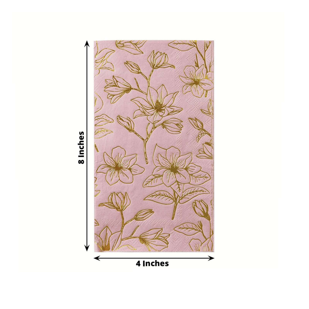 50 - Pack Paper Dinner Napkins Dusty Rose with Gold Magnolia Flowers Print 2 - Ply - Disposable Soft Napkins for Parties - Bell Racket Store