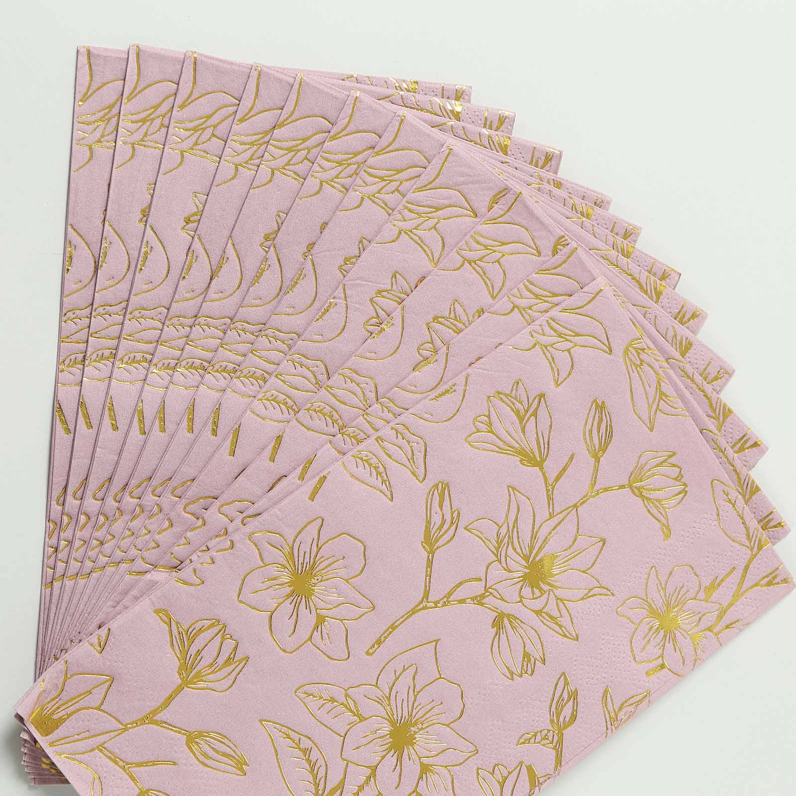 50 - Pack Paper Dinner Napkins Dusty Rose with Gold Magnolia Flowers Print 2 - Ply - Disposable Soft Napkins for Parties - Bell Racket Store