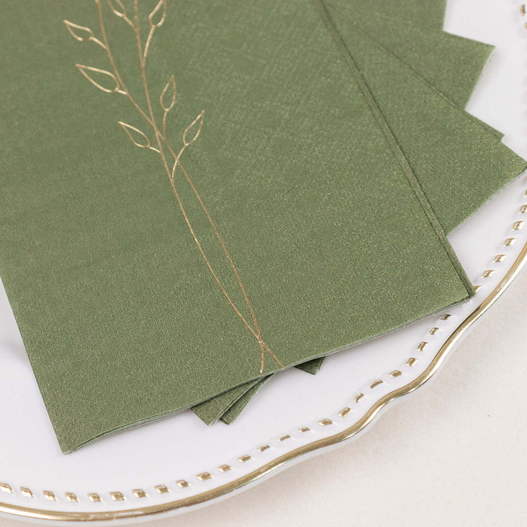 50 - Pack Paper Dinner Napkins Dusty Sage Green with Gold Embossed Leaf - Stylish 2 - Ply Disposable Napkins for Weddings 18GSM - Bell Racket Store