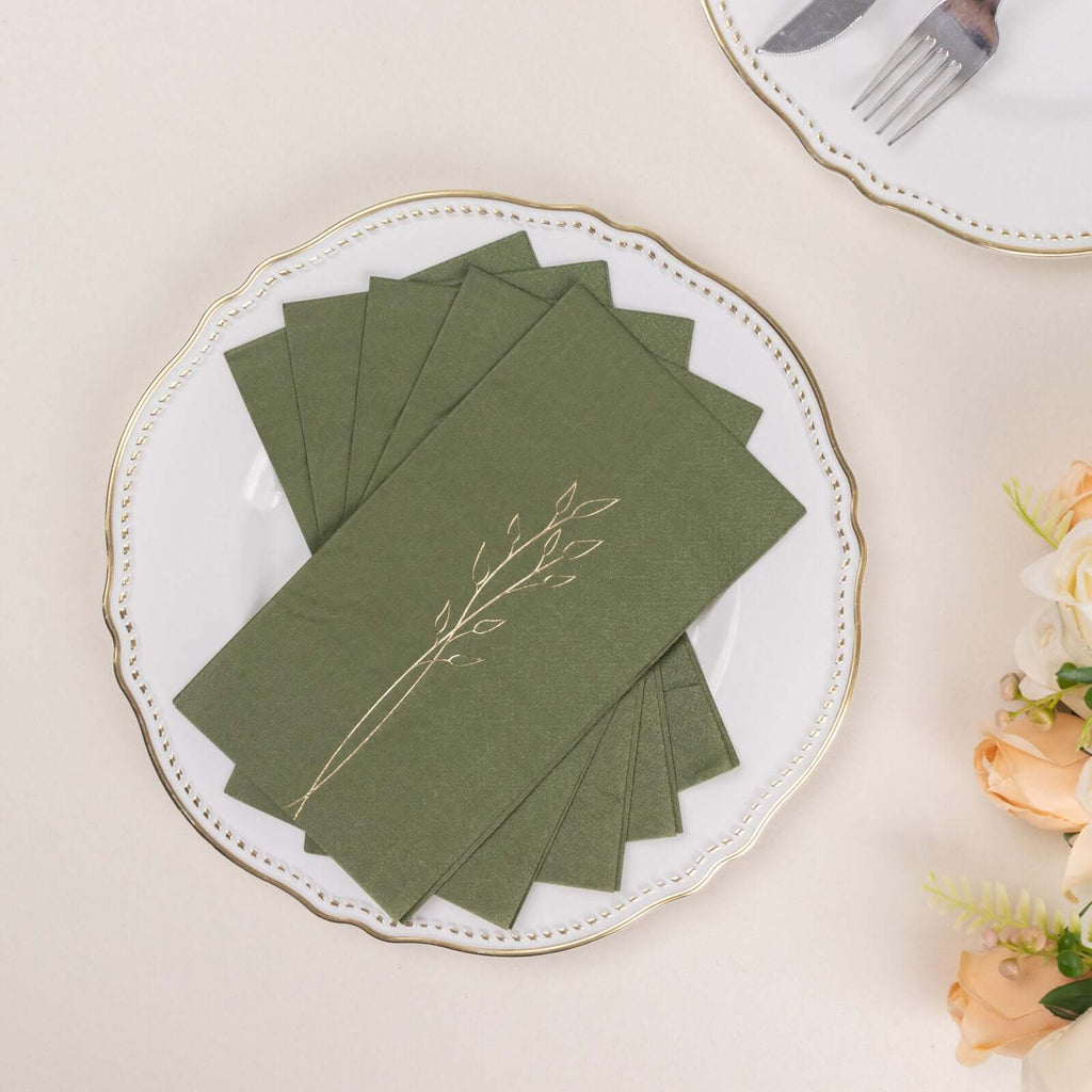 50 - Pack Paper Dinner Napkins Dusty Sage Green with Gold Embossed Leaf - Stylish 2 - Ply Disposable Napkins for Weddings 18GSM - Bell Racket Store