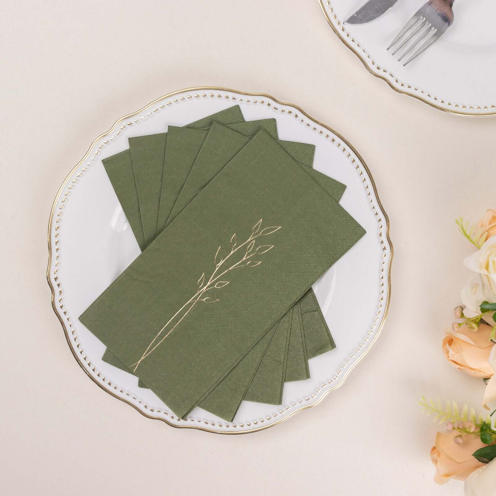50 - Pack Paper Dinner Napkins Dusty Sage Green with Gold Embossed Leaf - Stylish 2 - Ply Disposable Napkins for Weddings 18GSM - Bell Racket Store