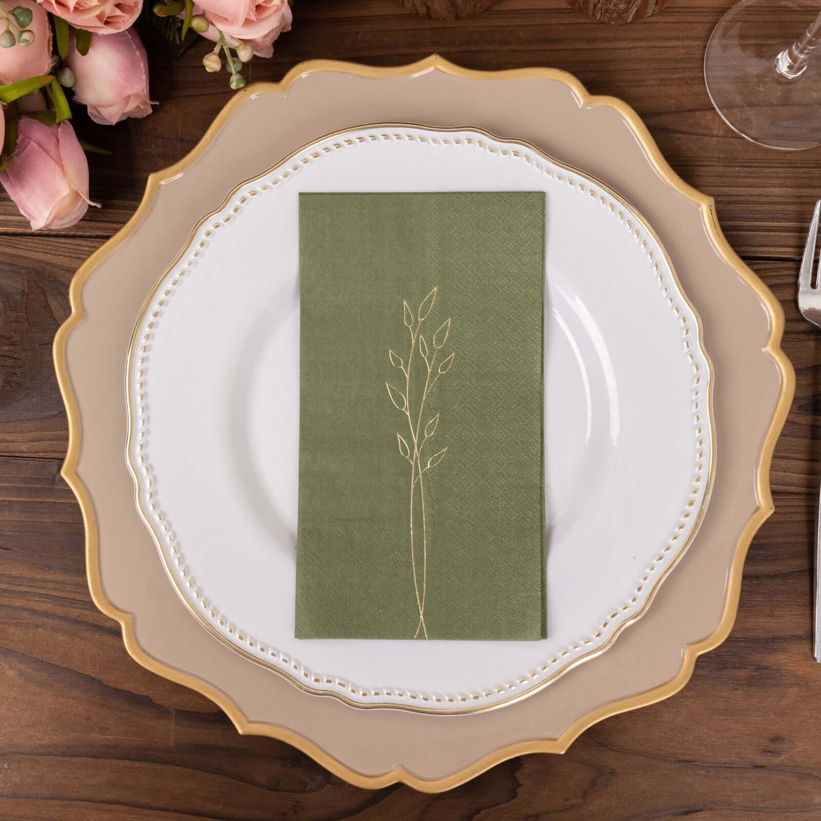 50 - Pack Paper Dinner Napkins Dusty Sage Green with Gold Embossed Leaf - Stylish 2 - Ply Disposable Napkins for Weddings 18GSM - Bell Racket Store