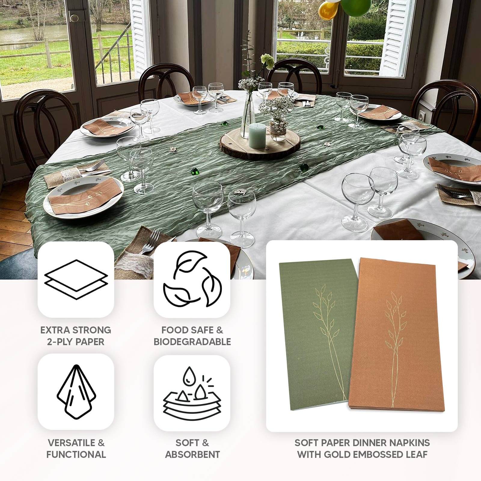 50 - Pack Paper Dinner Napkins Dusty Sage Green with Gold Embossed Leaf - Stylish 2 - Ply Disposable Napkins for Weddings 18GSM - Bell Racket Store