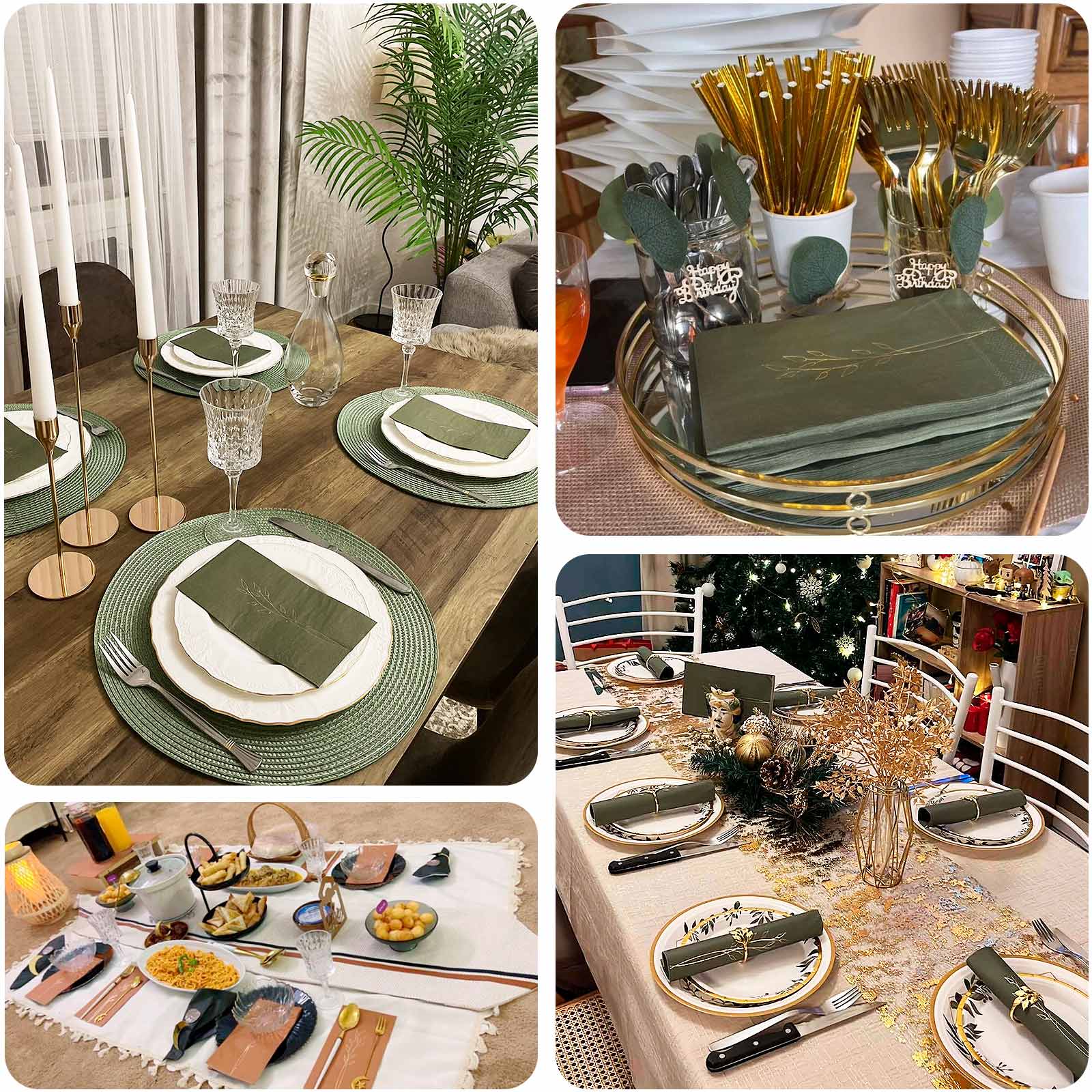 50 - Pack Paper Dinner Napkins Dusty Sage Green with Gold Embossed Leaf - Stylish 2 - Ply Disposable Napkins for Weddings 18GSM - Bell Racket Store