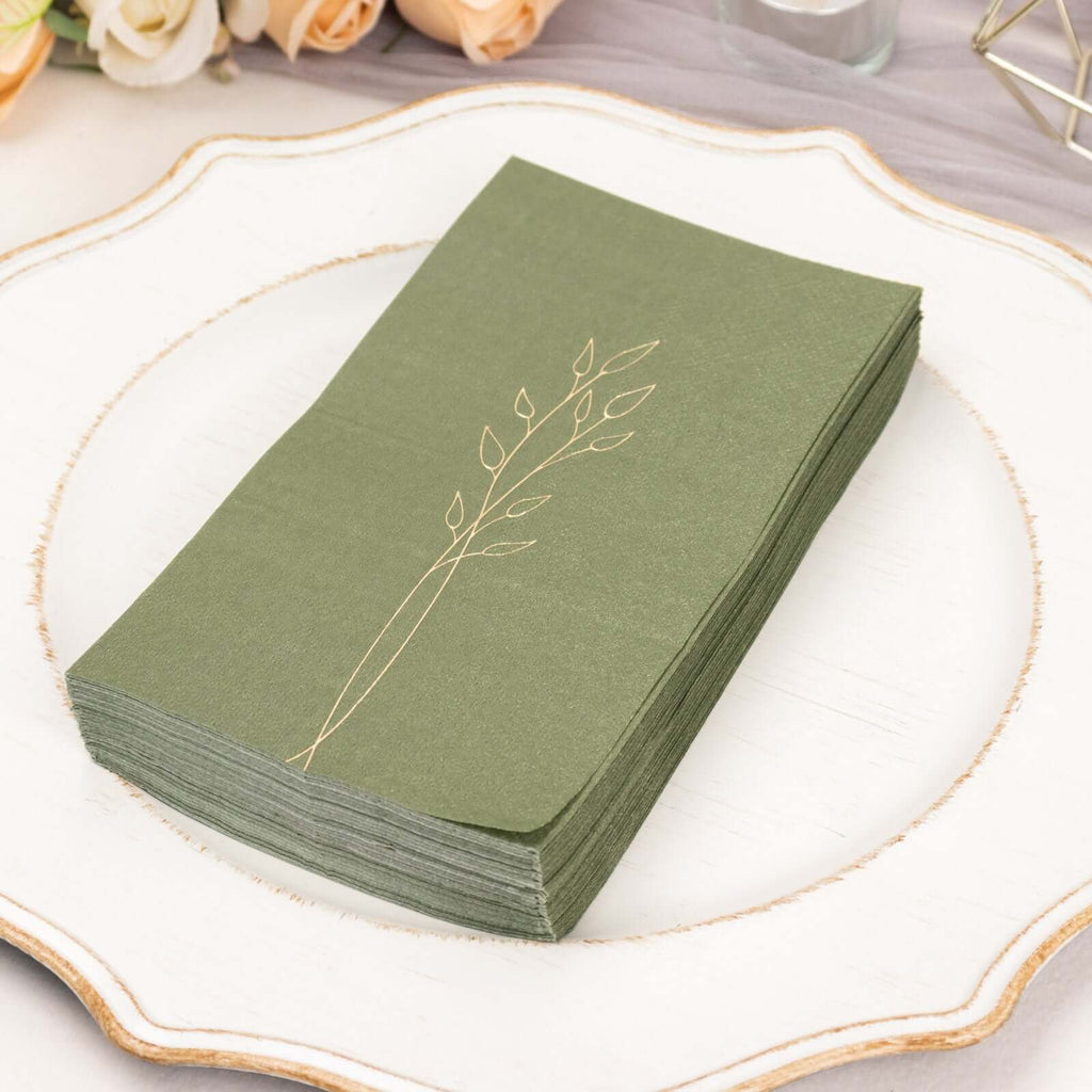 50 - Pack Paper Dinner Napkins Dusty Sage Green with Gold Embossed Leaf - Stylish 2 - Ply Disposable Napkins for Weddings 18GSM - Bell Racket Store
