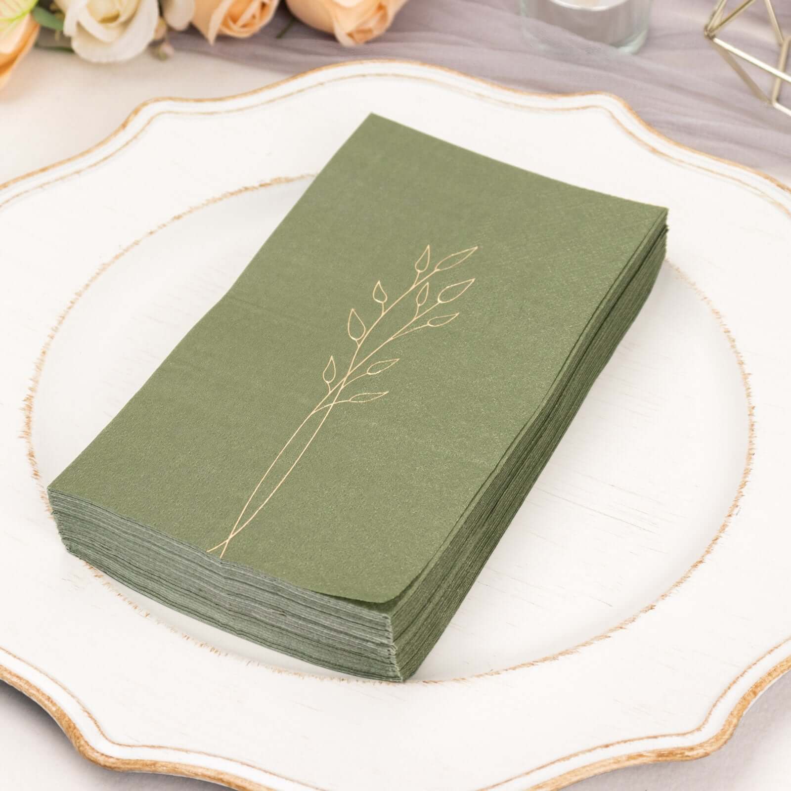 50 - Pack Paper Dinner Napkins Dusty Sage Green with Gold Embossed Leaf - Stylish 2 - Ply Disposable Napkins for Weddings 18GSM - Bell Racket Store