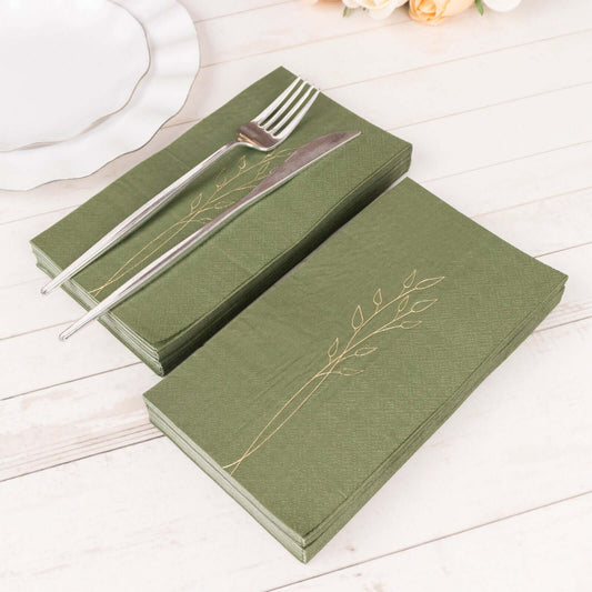50 - Pack Paper Dinner Napkins Dusty Sage Green with Gold Embossed Leaf - Stylish 2 - Ply Disposable Napkins for Weddings 18GSM - Bell Racket Store