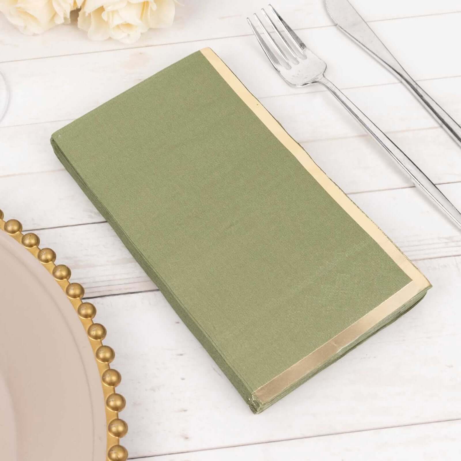 50 - Pack Paper Dinner Napkins Dusty Sage Green with Gold Foil Edge 2 Ply - Stylish Disposable Napkins - Bell Racket Store