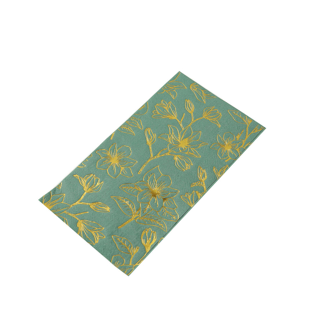 50 - Pack Paper Dinner Napkins Dusty Sage Green with Gold Magnolia Flowers Print 2 - Ply - Disposable Soft Napkins for Parties - Bell Racket Store