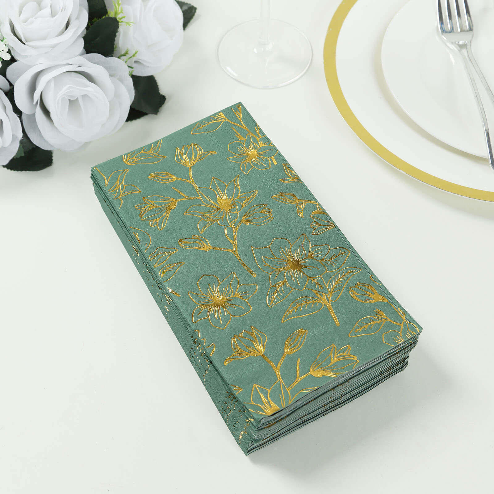 50 - Pack Paper Dinner Napkins Dusty Sage Green with Gold Magnolia Flowers Print 2 - Ply - Disposable Soft Napkins for Parties - Bell Racket Store