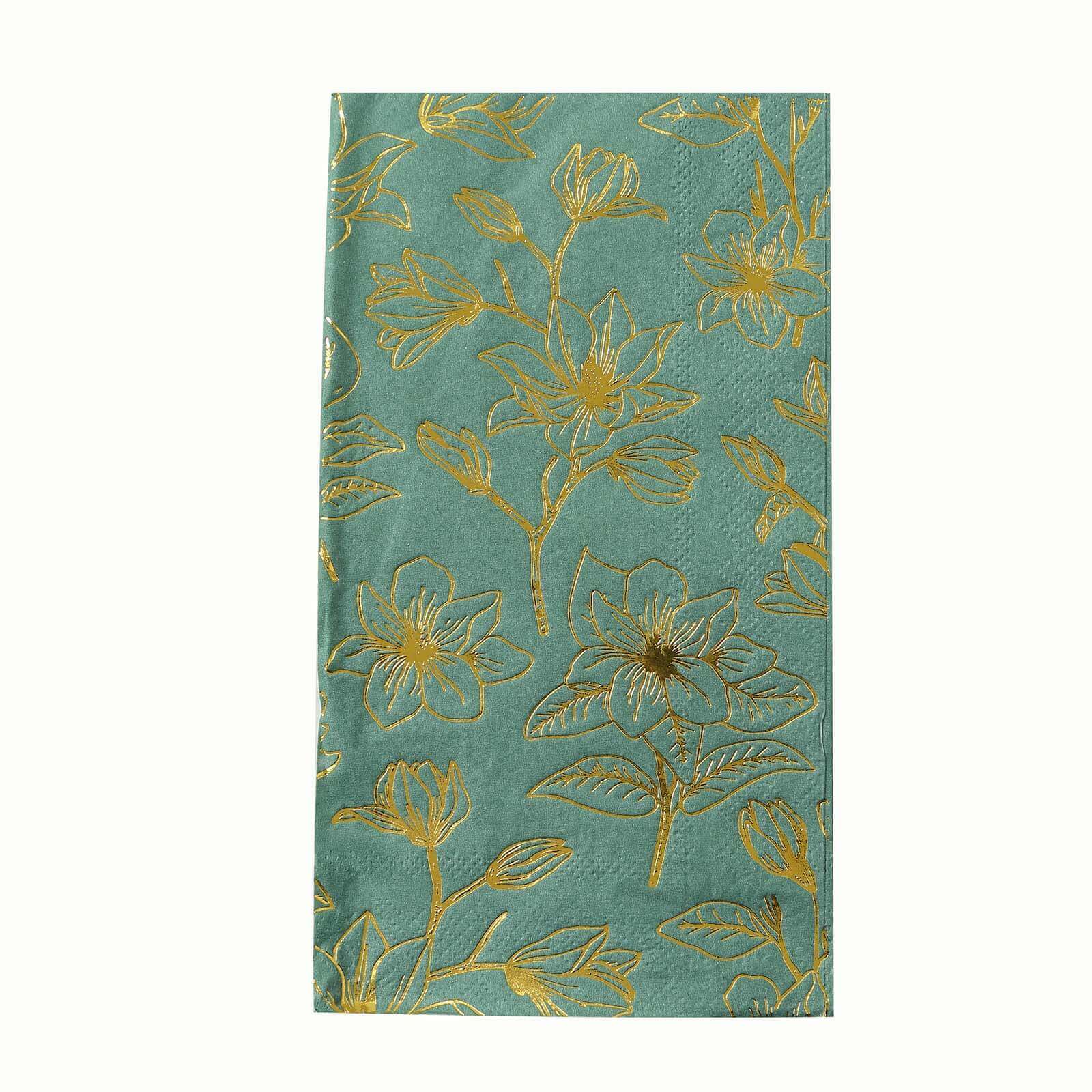 50 - Pack Paper Dinner Napkins Dusty Sage Green with Gold Magnolia Flowers Print 2 - Ply - Disposable Soft Napkins for Parties - Bell Racket Store