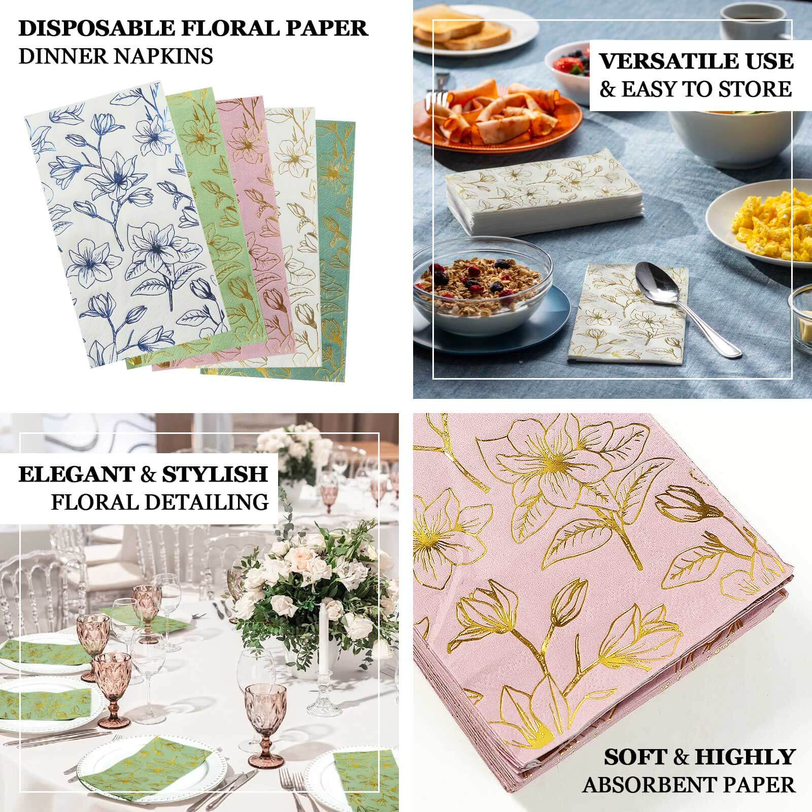 50 - Pack Paper Dinner Napkins Dusty Sage Green with Gold Magnolia Flowers Print 2 - Ply - Disposable Soft Napkins for Parties - Bell Racket Store