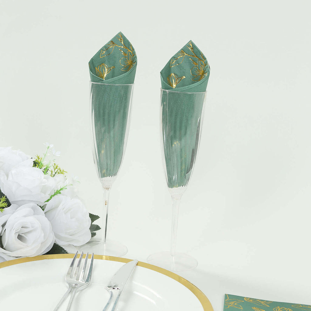 50 - Pack Paper Dinner Napkins Dusty Sage Green with Gold Magnolia Flowers Print 2 - Ply - Disposable Soft Napkins for Parties - Bell Racket Store