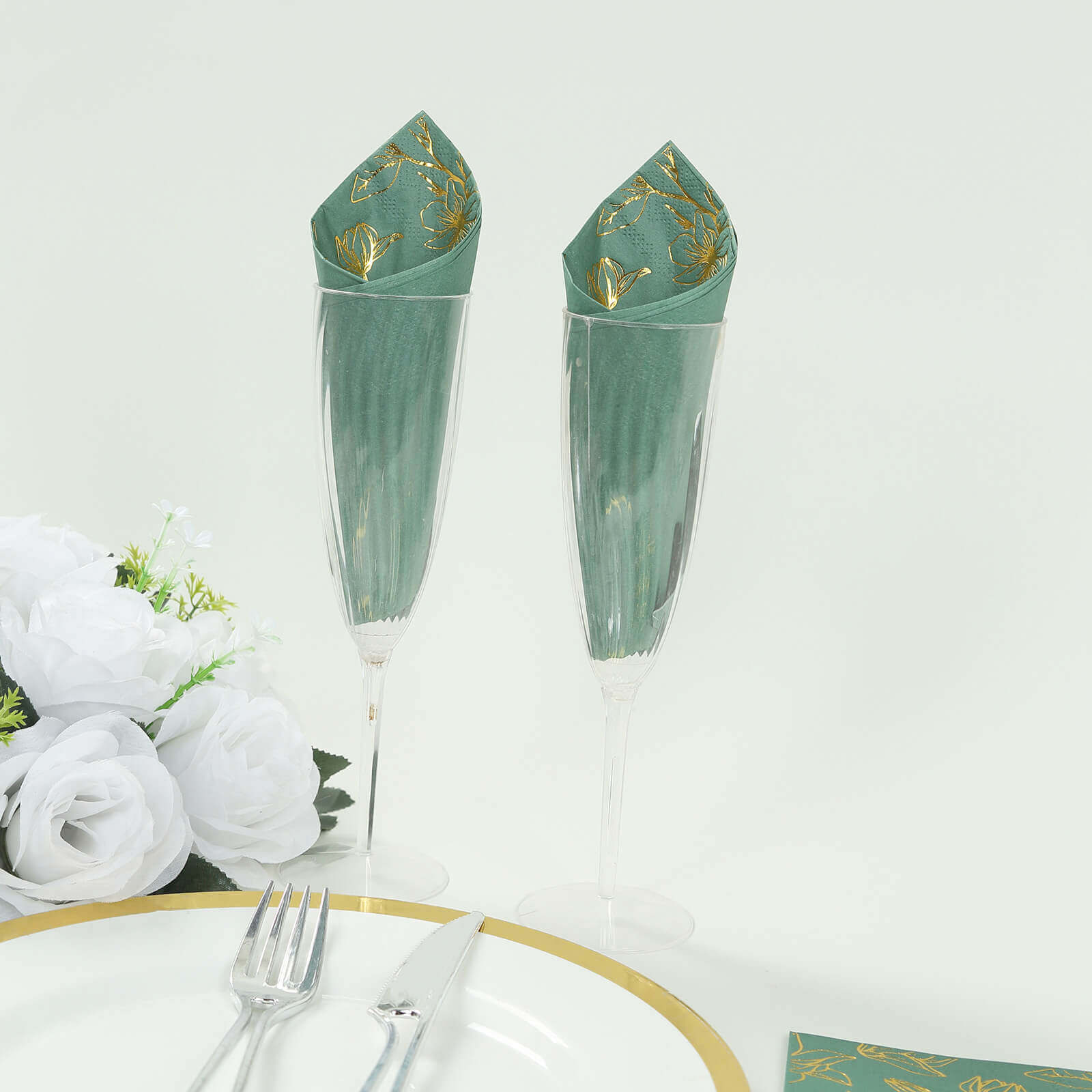 50 - Pack Paper Dinner Napkins Dusty Sage Green with Gold Magnolia Flowers Print 2 - Ply - Disposable Soft Napkins for Parties - Bell Racket Store