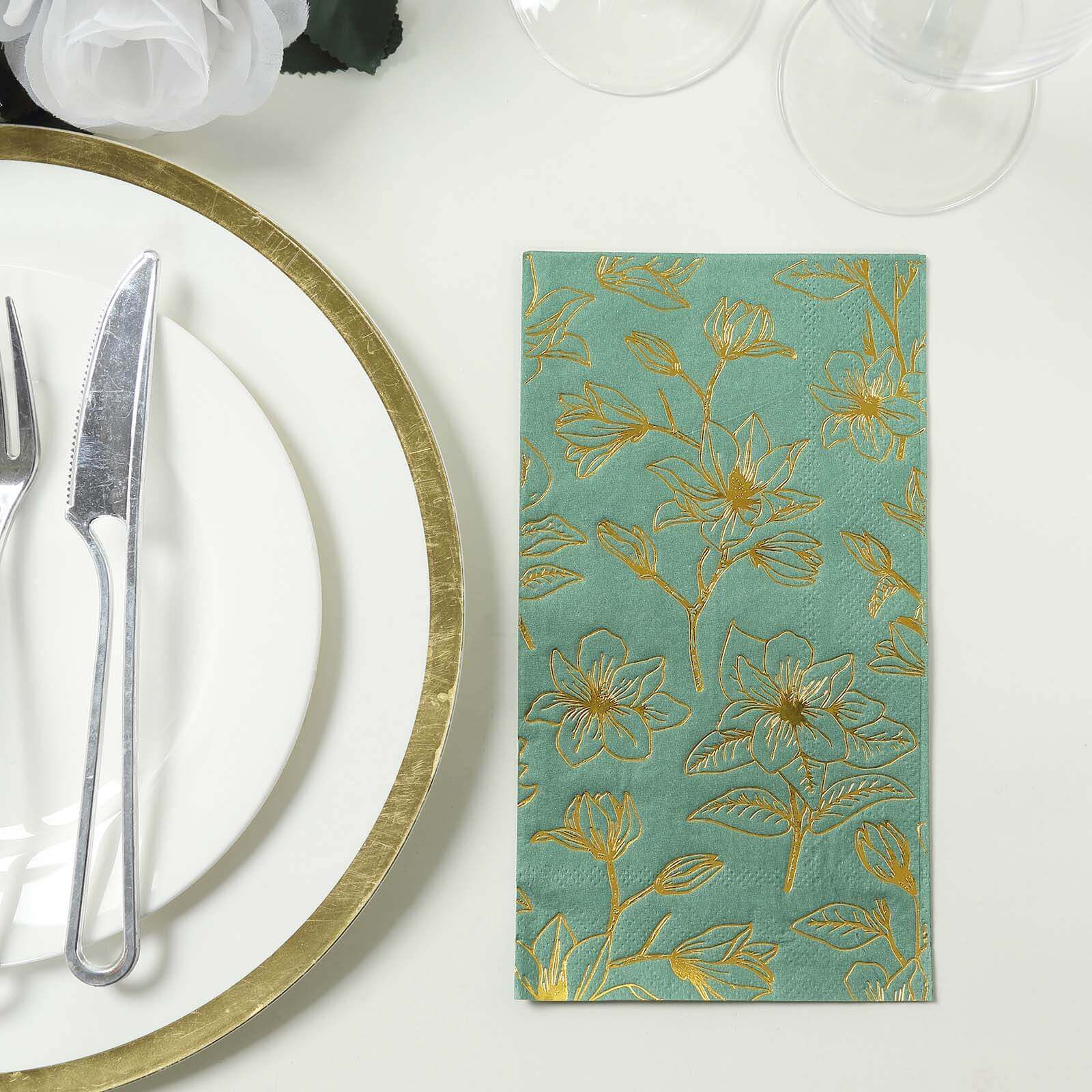 50 - Pack Paper Dinner Napkins Dusty Sage Green with Gold Magnolia Flowers Print 2 - Ply - Disposable Soft Napkins for Parties - Bell Racket Store