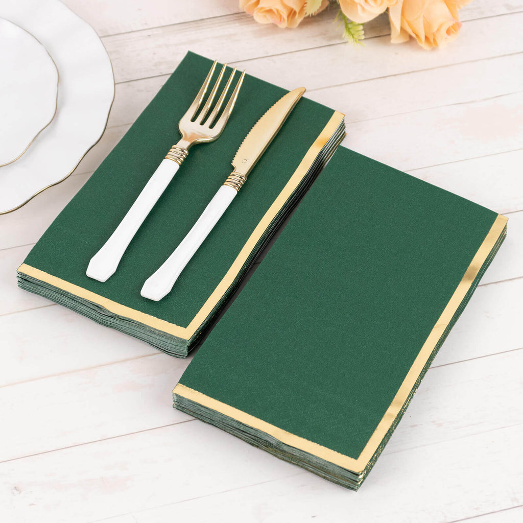 50 - Pack Paper Dinner Napkins Hunter Emerald Green with Gold Foil Edge 2 Ply - Stylish Disposable Napkins - Bell Racket Store