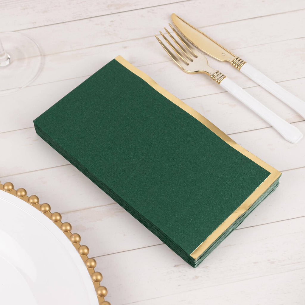 50 - Pack Paper Dinner Napkins Hunter Emerald Green with Gold Foil Edge 2 Ply - Stylish Disposable Napkins - Bell Racket Store