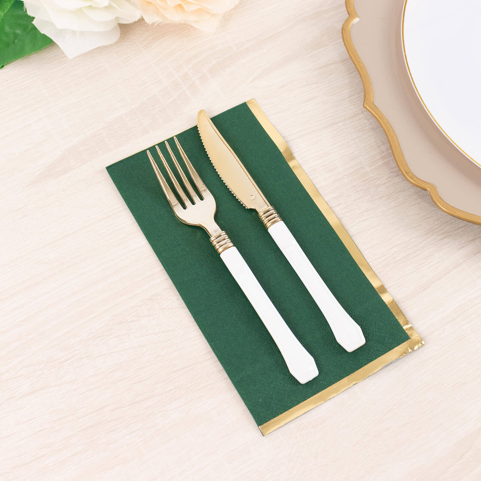 50 - Pack Paper Dinner Napkins Hunter Emerald Green with Gold Foil Edge 2 Ply - Stylish Disposable Napkins - Bell Racket Store